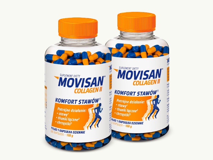 Natural Pharmaceuticals Movisan™ Collagen II Dwie butelki suplementu diety Movisan Collagen II na komfort stawów obok elektronicznego zegara z wyświetlaczem pokazującym czas, temperaturę i wilgotność.