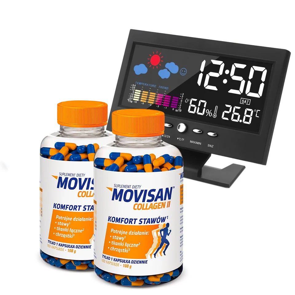 Natural Pharmaceuticals Movisan™ Collagen II Dwie butelki suplementu diety Movisan Collagen II na komfort stawów obok elektronicznego zegara z wyświetlaczem pokazującym czas, temperaturę i wilgotność.