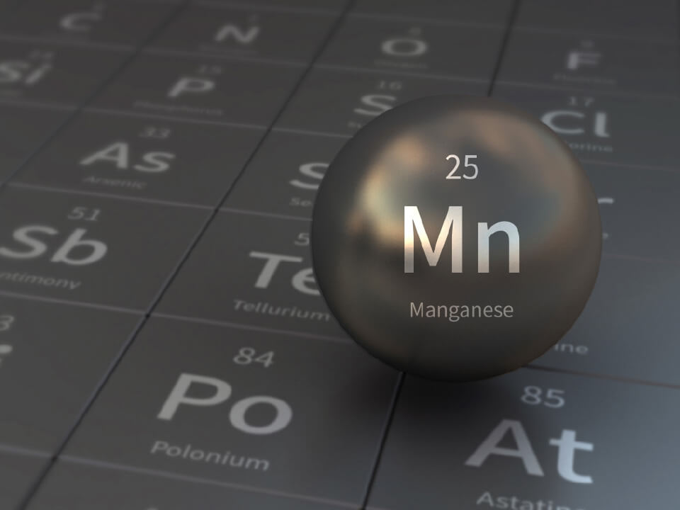 Natural Pharmaceuticals Movisan™ Collagen II Trójwymiarowa kula przedstawiająca pierwiastek mangan (Mn) o liczbie atomowej 25 na tle tablicy okresowej pierwiastków.