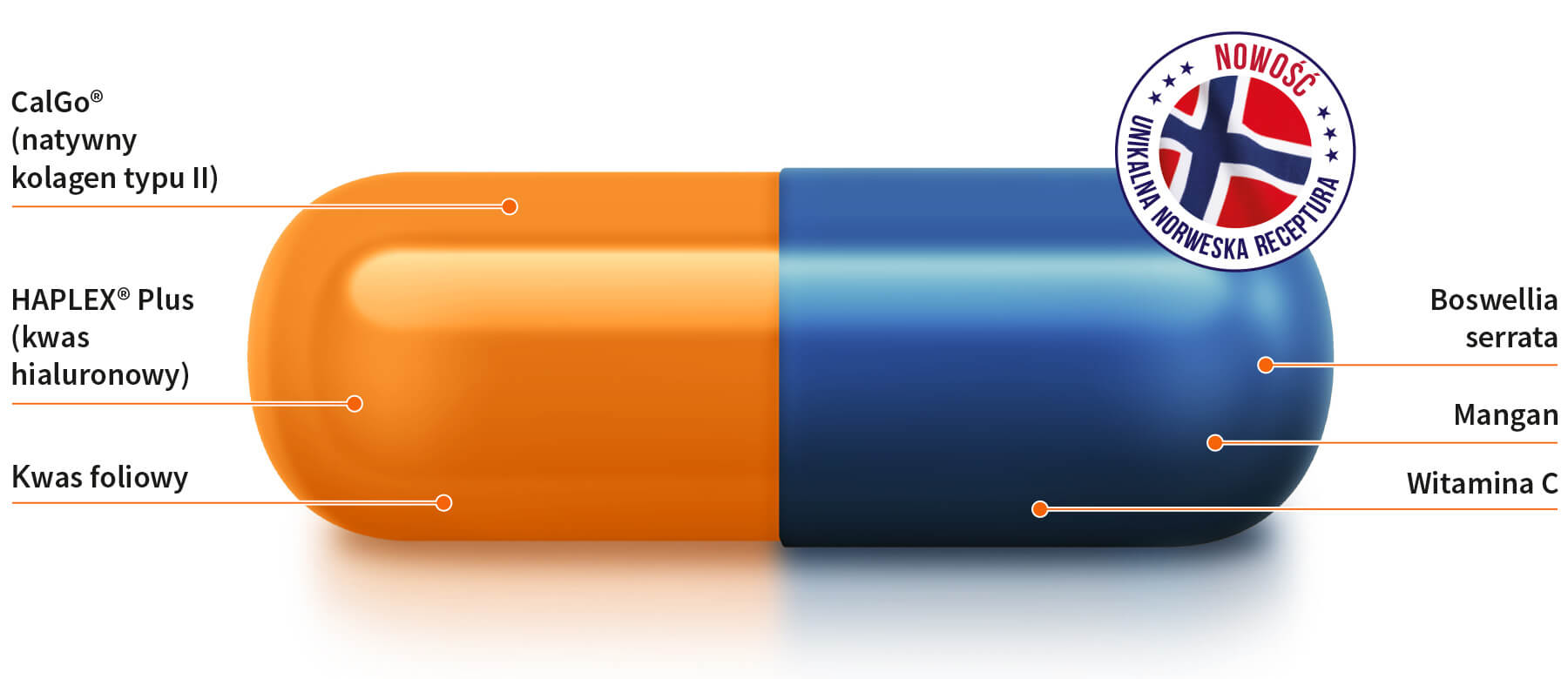 Natural Pharmaceuticals Movisan™ Collagen II Kapsułka suplementu diety zawierająca natywny kolagen typu II, kwas hialuronowy, kwas foliowy, Boswellia serrata, mangan i witaminę C, oparta na unikalnej norweskiej recepturze.