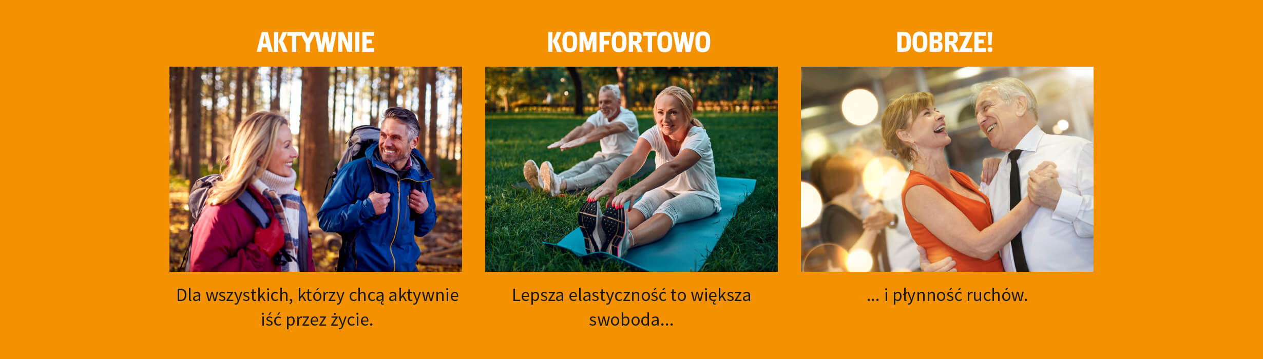 Natural Pharmaceuticals Movisan™ Collagen II Zdjęcia ilustrujące aktywny tryb życia, ćwiczenia na świeżym powietrzu oraz radosne tańce osób w średnim i starszym wieku podkreślające zdrowie, komfort i swobodę ruchu.